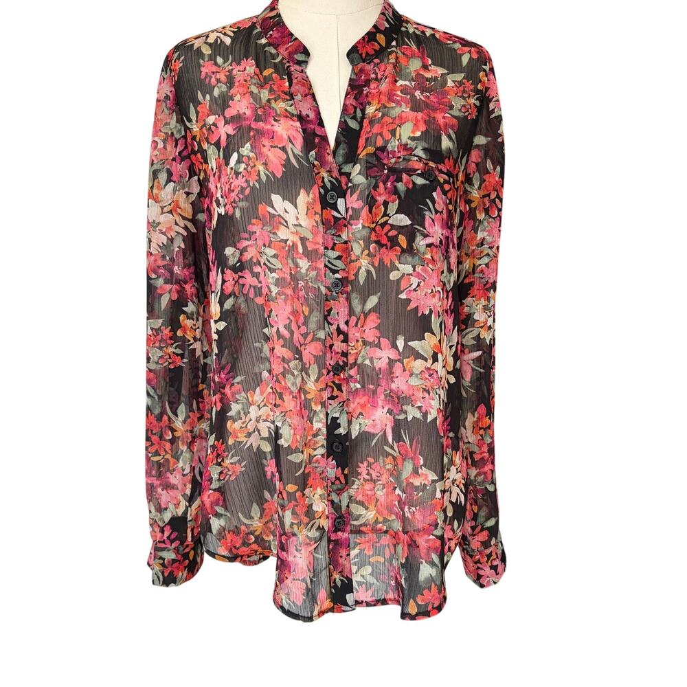 Kut from the Kloth Black Floral Sheer Blouse Sz M Boho Romantic Whimsigoth‎